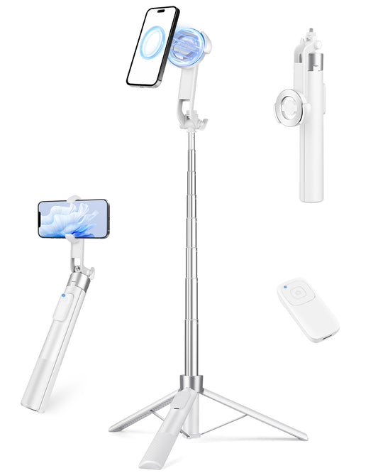 Victiv Magnetic Selfie Stick Tripod for iPhone, 70" Phone Tripod Stand for Filming with Rechargeable Remote, Mag-safe Selfie Stick for Video Recording, Vlogging & Content Creation-White(EU)