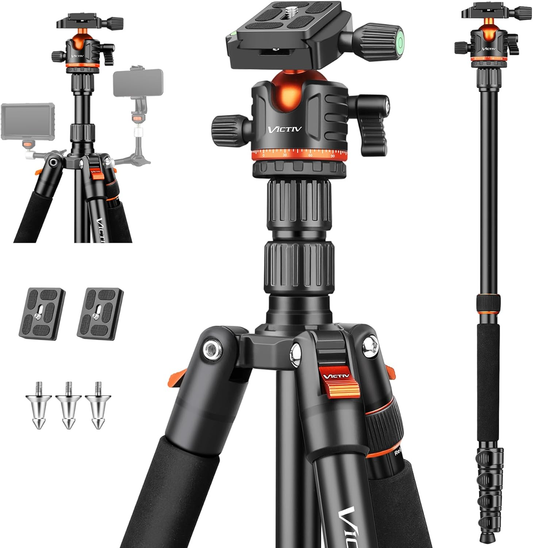 Victiv 78.7"/ 200cm Tall Camera Tripod for Canon Sony Nikon - Aluminum Stand with Monopod and Metal Hook - Compact Travel Design, Max Load 17.6lb/8kg(EU)