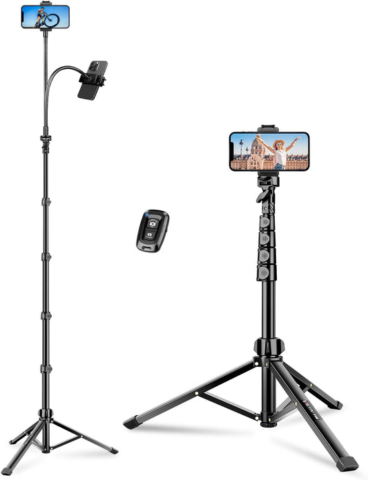 Phone Tripod, 86" Tall Tripod Stand with Gooseneck and Remote, Suitable for Recording Fitness Vlog Watching Cooking, Compatible with Smartphone, Camera(US)