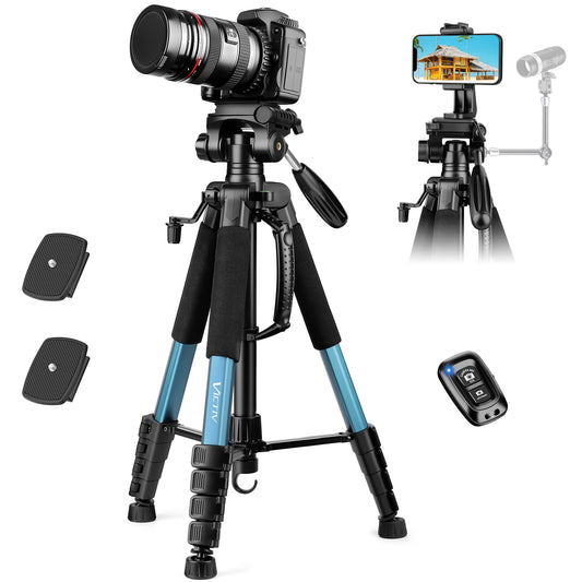 Victiv 188cm Camera Tripod for Canon Sony Nikon, Travel Tripod with Detachable 3-way Swivel Head, Camera Stand with Phone Holder & Remote Control, Upgraded Tripods with 1/4" Extension Interface-Blue(EU)