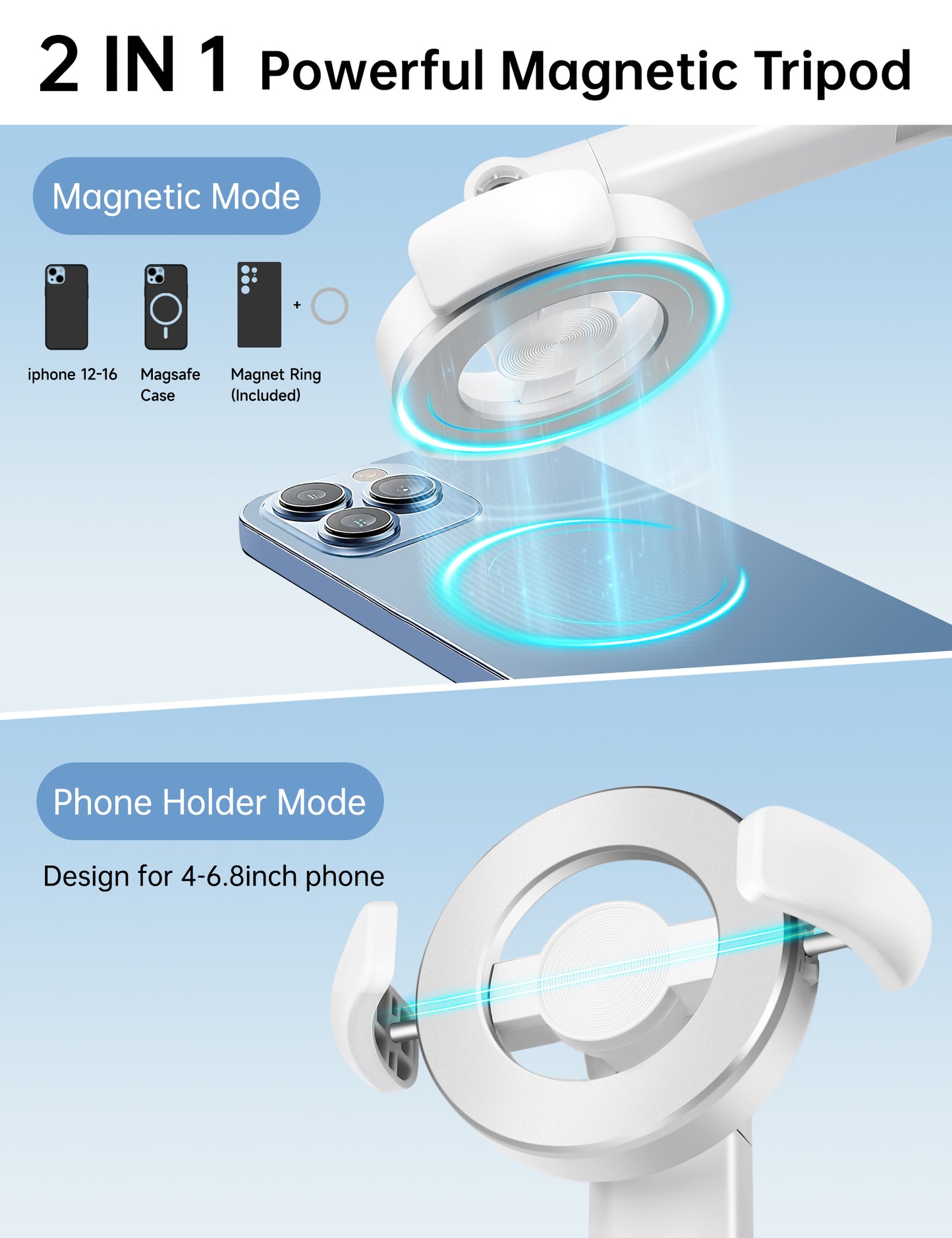 70" Magnetic Tripod for iPhone Magsafe, Extendable Selfie Stick Tripod with Rechargeable Remote & Magnetic Holder, 360° Rotatable Cell Phone Tripods Stand for Video Recording & Content Creation