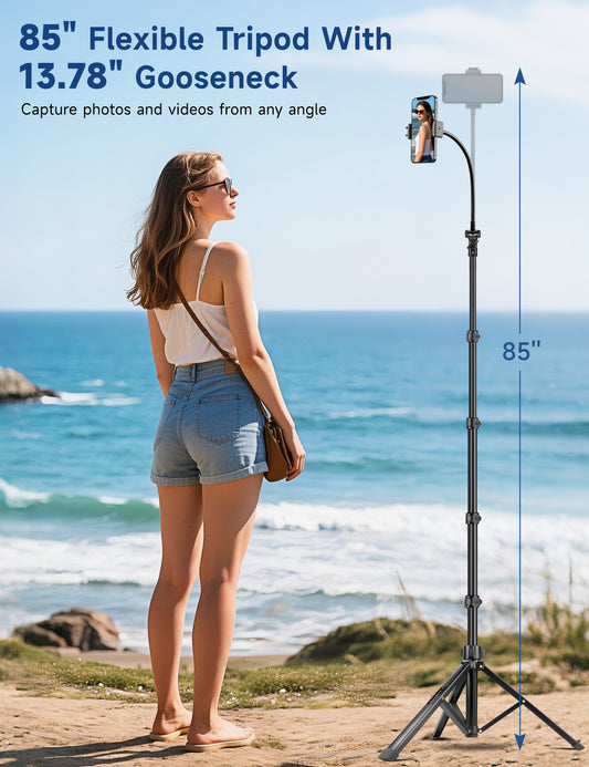 Phone Tripod Stand, 85" Tall Cellphone Tripod for iPhone with Gooseneck Remote, Flexible Portable Phone Stand for Recording, Compatible with iPhone 14 13 12 pro Android Camera(US))