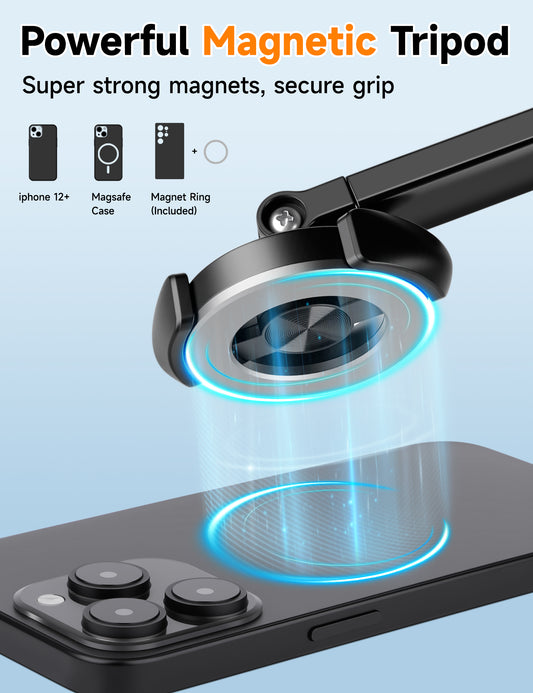Magnetic Phone Tripod, 70" Selfie Stick Tripod for iPhone Magsafe with Rechargeable Remote & 2 in 1 Magnetic Holder, Portable Cellphone Stand for Recording Travel, Compatible with iPhone and Android-P67