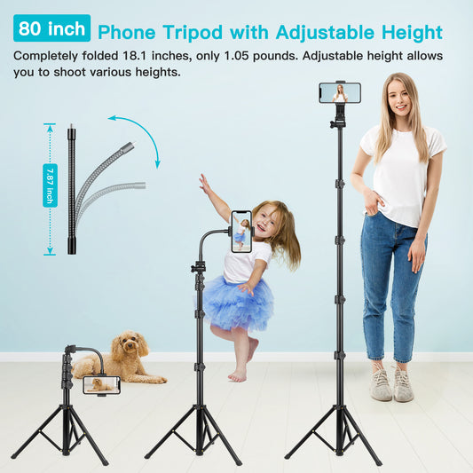 74" Flexible Phone Tripod, Tall Cell Phone Tripod with Adjustable Gooseneck & Remote, Portable Camera Cellphone Stand for Video Recording, Compatible with iPhone Android