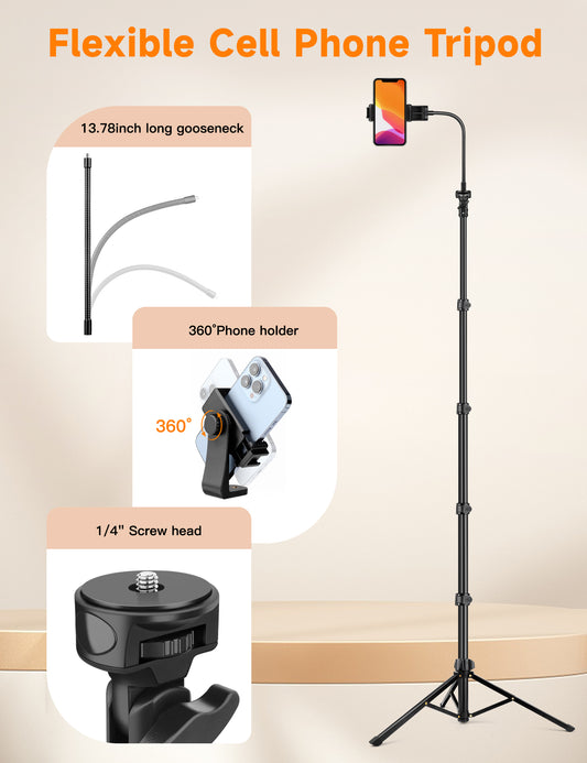 Phone Tripod, 86" Tall Tripod for iPhone with Flexible Gooseneck & Remote, Portable Aluminum Cellphone Stand for Selfies, Video Recording,Travel, Compatible with iPhone Android