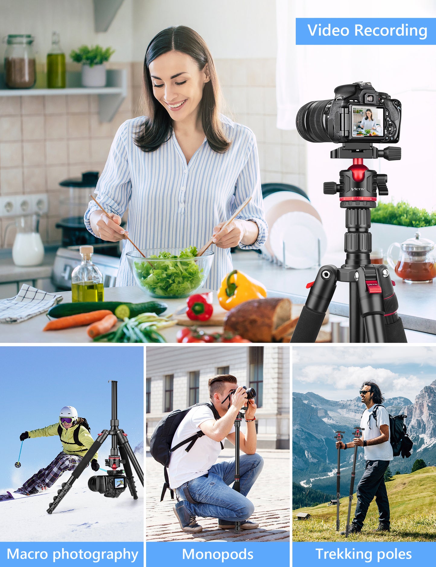 78" Porfessional Tripod for Camera, Victiv Aluminum Camera Tripod Monopod for DSLR, Spotting Scope,Telescope, Binoculars, Compact Heavy Duty Camera Stand for Photography Video Recording Travel(RED US)