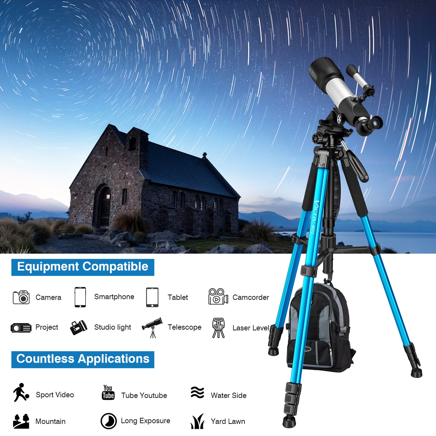 Victiv 72 inch Camera Tripod, Tall Tripod for Camera Cell Phone, Heavy Duty Camera Tripod Stand, Professional Aluminum Monopod, Compatible with Canon Nikon Sony DSLR Cameras - Blue