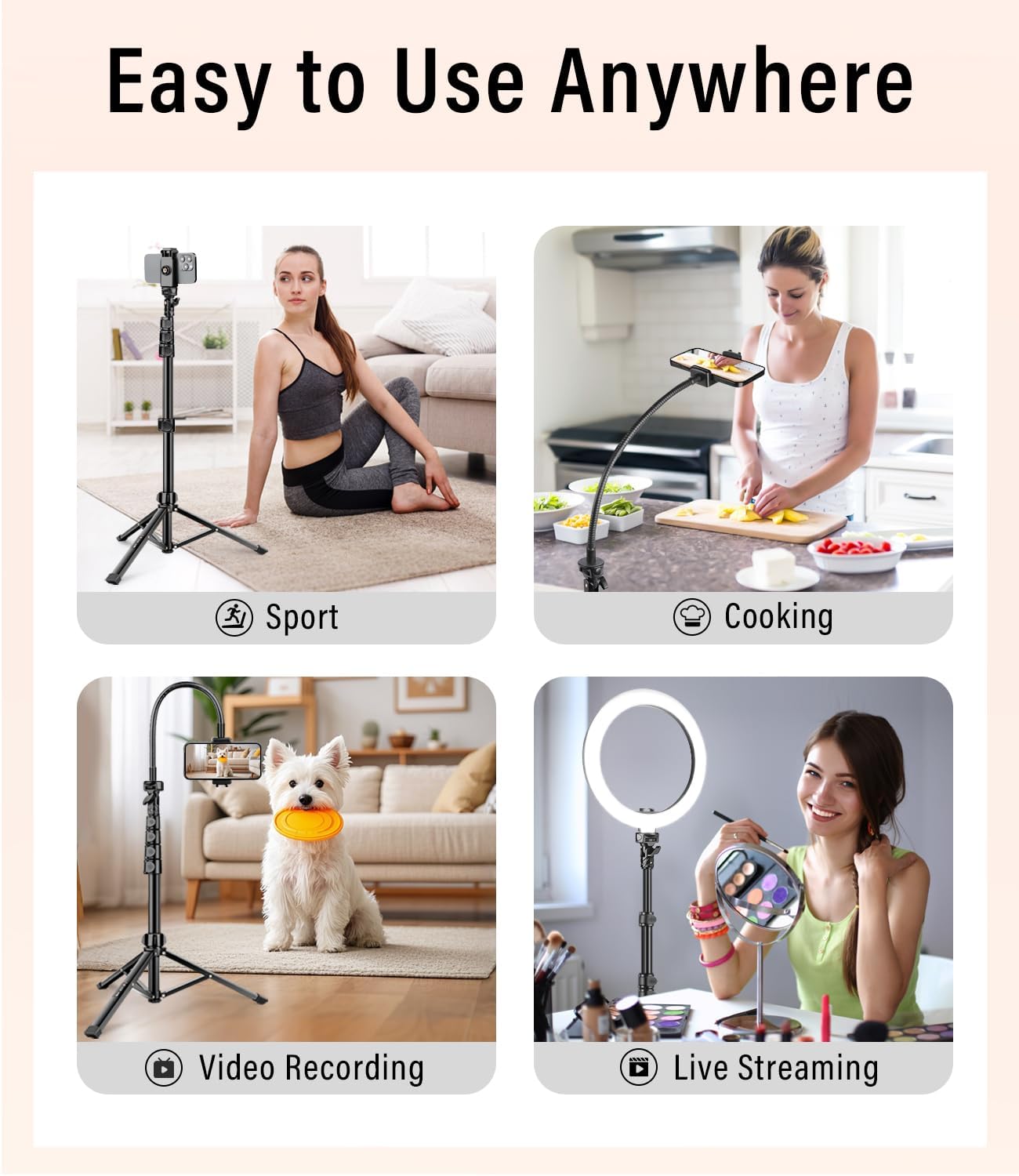 Phone Tripod, 86" Tall Tripod Stand with Gooseneck and Remote, Suitable for Recording Fitness Vlog Watching Cooking, Compatible with Smartphone, Camera(US)