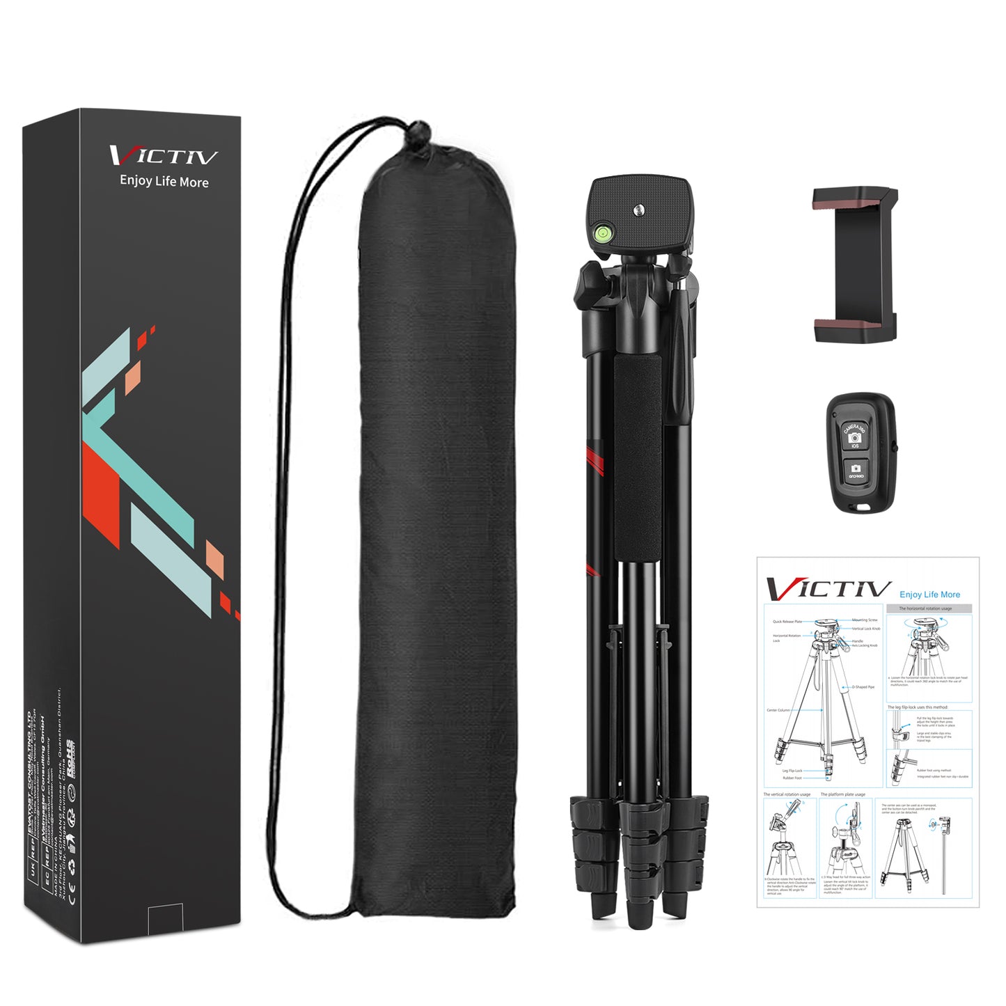 Victiv Phone Tripod, 54" Smartphone Tripod for iPhone, Aluminum Lightweight Portable Camera Tripod Stand for DSLR/Action Camera/Samsung with Phone Holder & Control Remote Shutter
