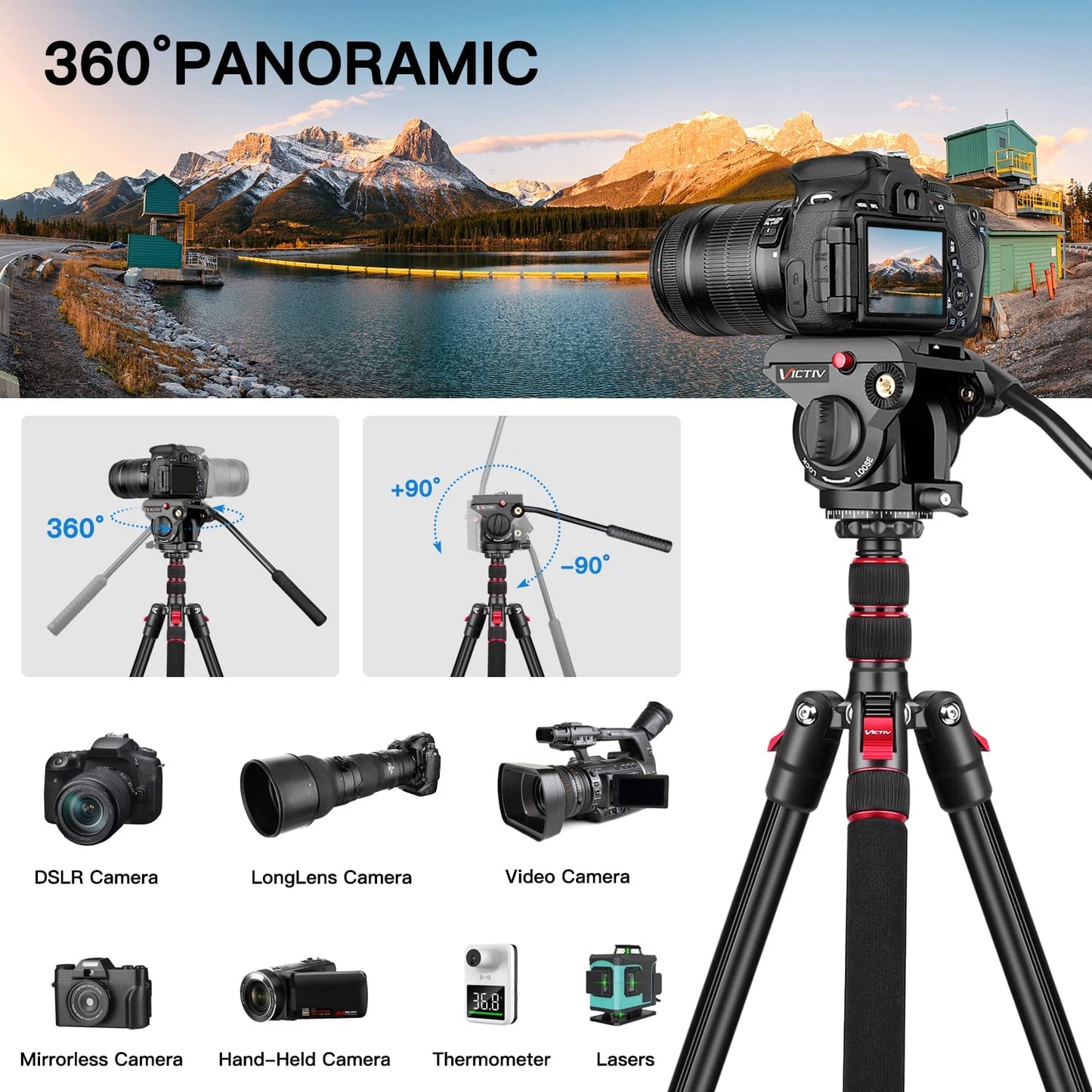Tripod Camera Tripods, 72" Video Tripod with Fluid Head, Aluminum Heavy Duty Tripod with Carry Bag, Professional Camera Tripods & Monopods, Compatible with Video Camera, DSLR, Camcorder