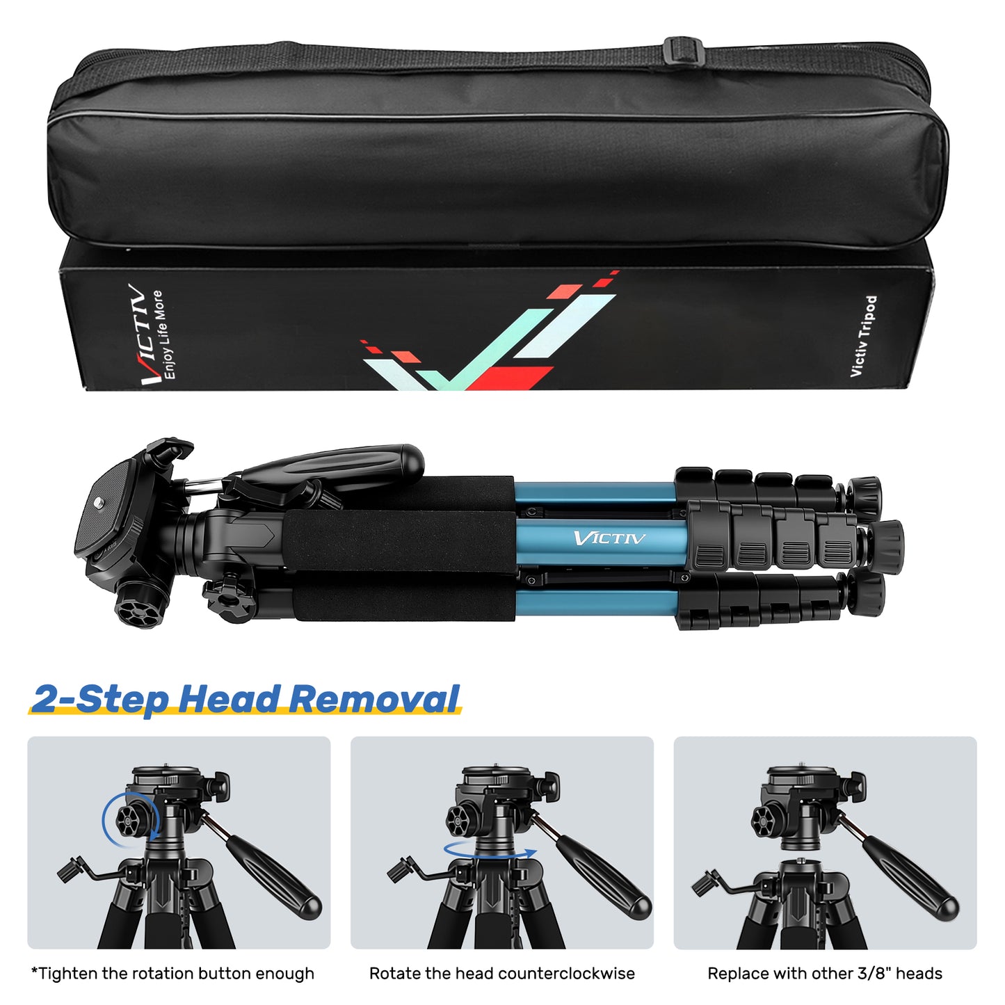 Victiv 188cm Camera Tripod for Canon Sony Nikon, Travel Tripod with Detachable 3-way Swivel Head, Camera Stand with Phone Holder & Remote Control, Upgraded Tripods with 1/4" Extension Interface-Blue(EU)