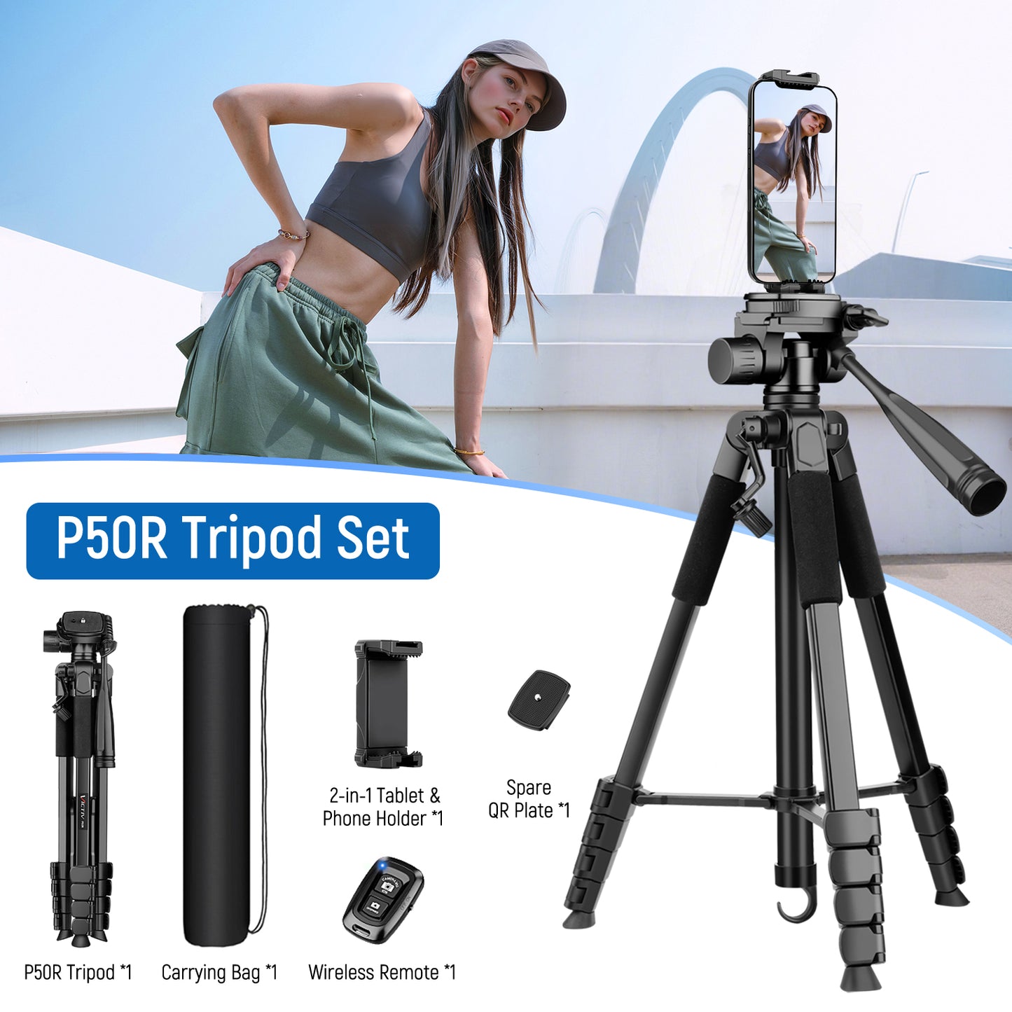 Camera Tripod Stand, 68" Phone Tripod for Tablet with Remote and Holder, Lightweight and Compact Travel Tripod for Canon Sony Camera, Compatible with DSLR, iPhone, iPad(US)