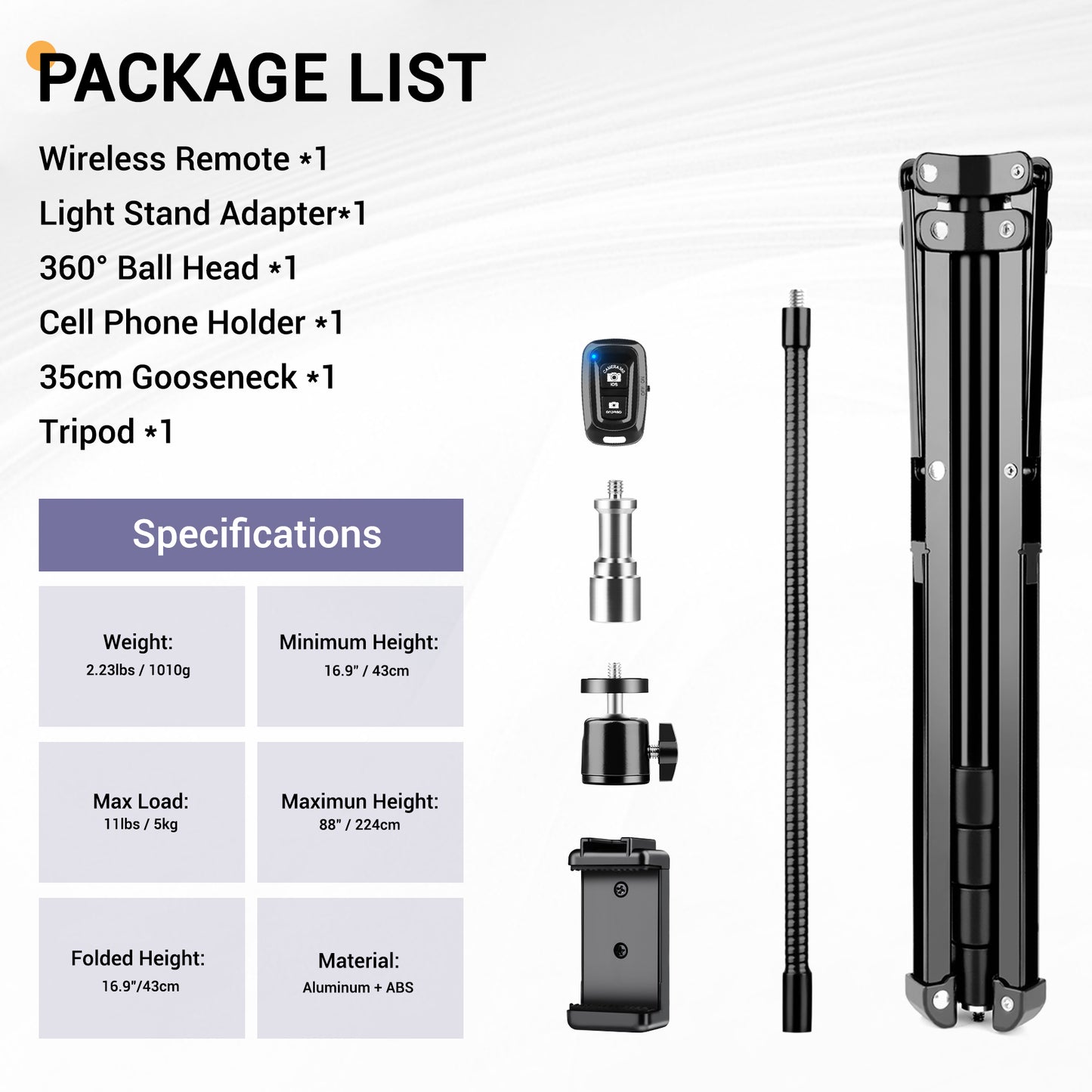 Victiv 88" Tall Tripod for iPhone, Phone Tripods with Gooseneck & Remote and Mobile Phone Stand, Flexible Overhead Tripod iPhone Stand for Filming, Aluminum Tripods for Smartphone/Camera/Ring Light(EU)