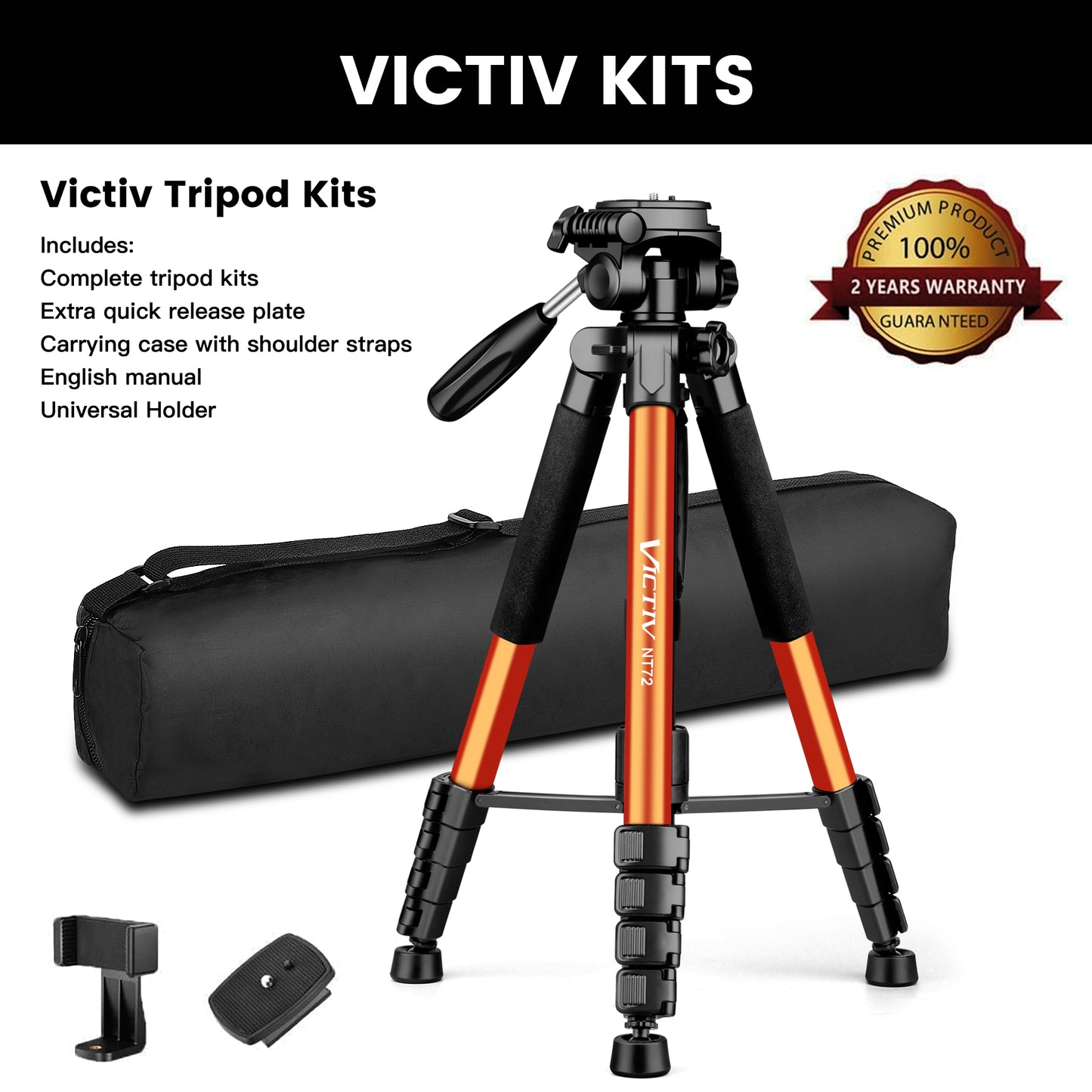 Victiv Camera Tripod, 72’’ Reinforced Aluminium Tripod Monopod with 360°Panoramic Head, Extendable Phone Tripod & Portable Travel Tripod with Phone Holder for iPhone Samsung Huawei & Canon DSRL-Orange