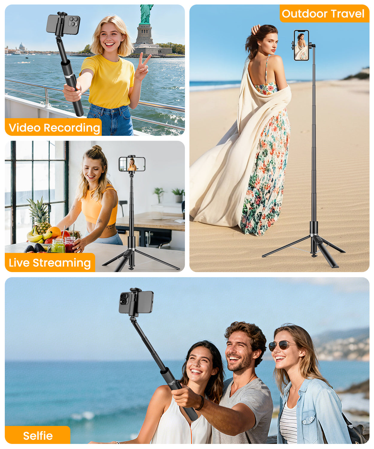 68" Auto-Open Phone Tripod & Selfie Stick with Remote and Fill Light, Extendable Cell Phone Tripod Stand, Phone Stand for Video Recording, Travel, Vlogging, Compatible with iPhone/Android, Black(US)