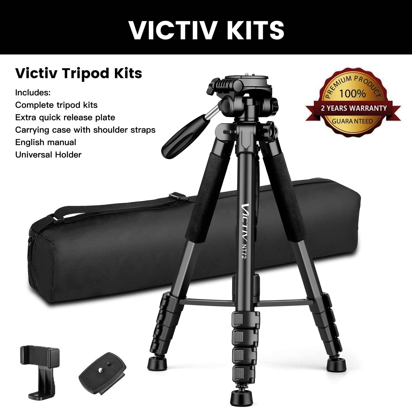 Victiv 72-inch Camera Tripod Aluminum Monopod T72 Max. Height 182cm- Lightweight and Compact for Travel with 3-way Swivel Head and 2 Quick Release Plates for DSLR Video Shooting - Black