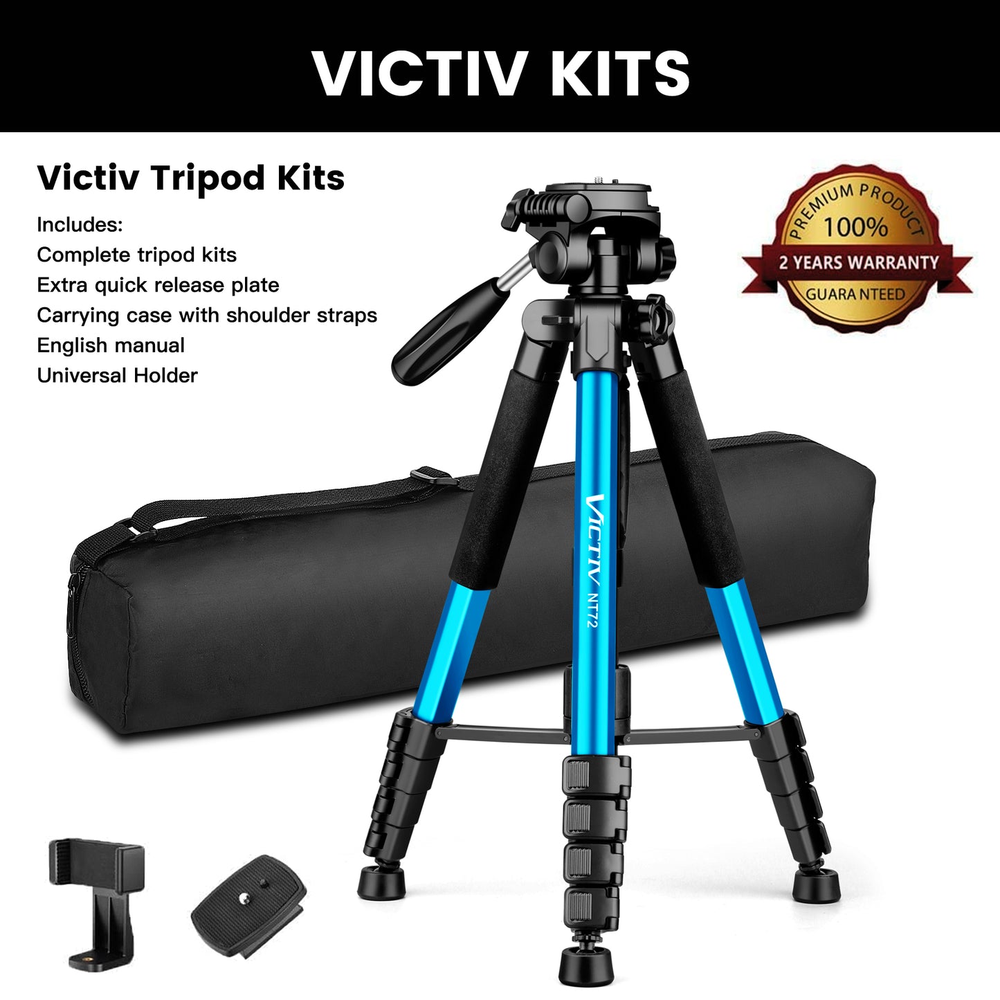 Victiv 72-inch Camera Tripod Aluminum T72 Max Height 182cm- Lightweight Tripod & Monopod Compact for Travel with 3-way Swivel Head and 2 Quick Release Plates for DSLR Video Shooting - Blue