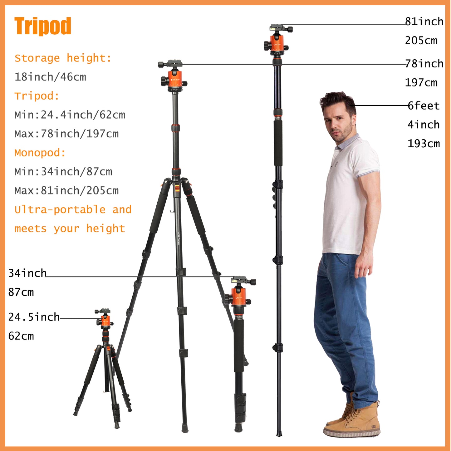 VICTIV Camera Tripod 81 inches Monopod, Aluminum Travel Tripod for DSLR- AT26 Orange