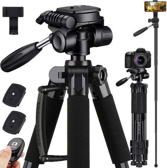 Victiv 72-inch Camera Tripod Aluminum Monopod T72 Max. Height 182 cm - Lightweight and Compact for Travel with 3-way Swivel Head and 2 Quick Release Plates for DSLR Video Shooting - Black
