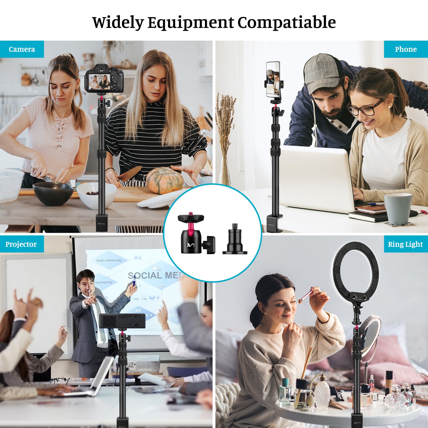 VICTIV Camera Desk Mount Table Stand with Ball Head, 15"-41" Adjustable Desktop Light Stand, Tabletop C Clamp with Phone Clamp for DSLR Camera, Ring Light, Live Streaming, Photo Video Shooting