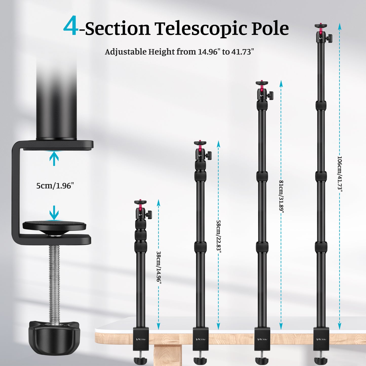 VICTIV Camera Desk Mount Table Stand with Ball Head, 15"-41" Adjustable Desktop Light Stand, Tabletop C Clamp with Phone Clamp for DSLR Camera, Ring Light, Live Streaming, Photo Video Shooting