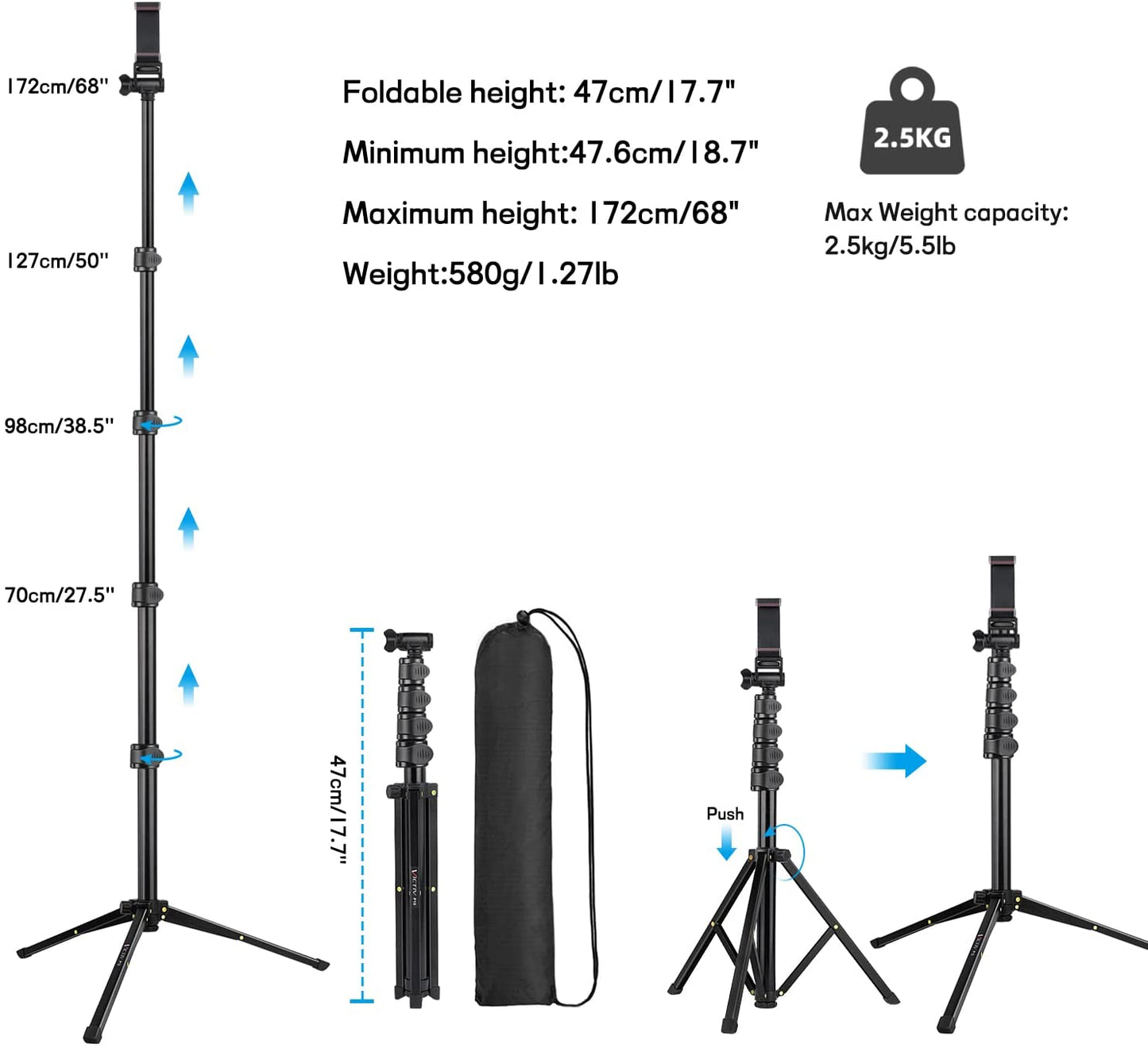 Victiv 68 inch/1.73m Phone Tripod Stand, Selfie Stick Tripod with Remote & Smatrphone Tripod, UPGRADE Foldable Camera Tripod for iphone/Samsung/Huawei/Mobile Phone