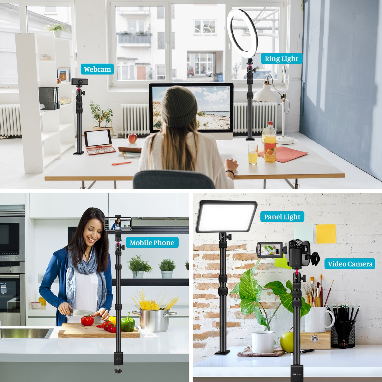 VICTIV Camera Desk Mount Table Stand with Ball Head, 15"-41" Adjustable Desktop Light Stand, Tabletop C Clamp with Phone Clamp for DSLR Camera, Ring Light, Live Streaming, Photo Video Shooting