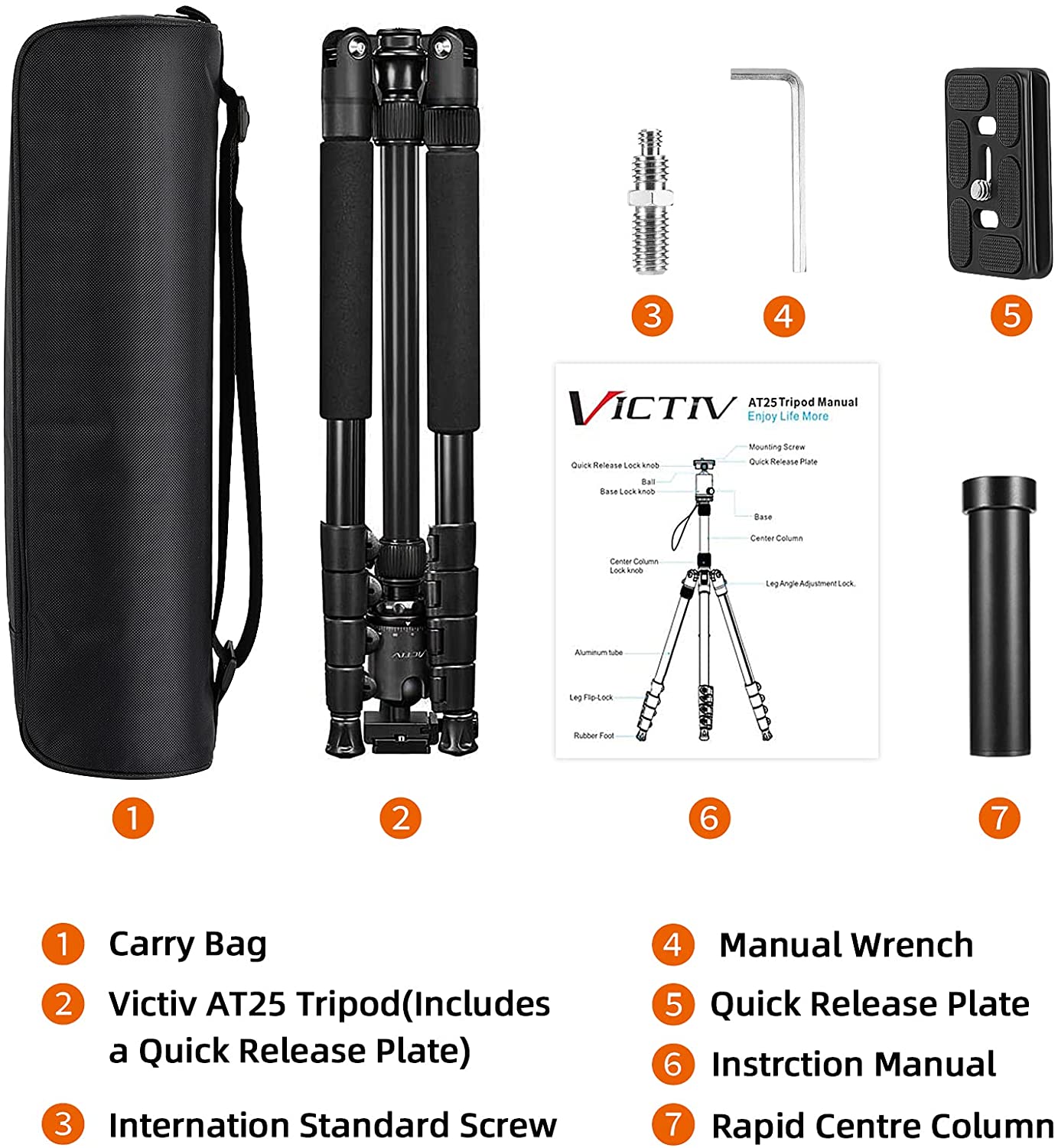 VICTIV 77" Camera Tripod, Travel Tripod for DSLR, Aluminum Professional Tripod with 360° Ball Head, Monopod for Cameras with Carry Bag, Tripod for Spotting Scopes and Binoculars, 34lbs Load-AT25 Black
