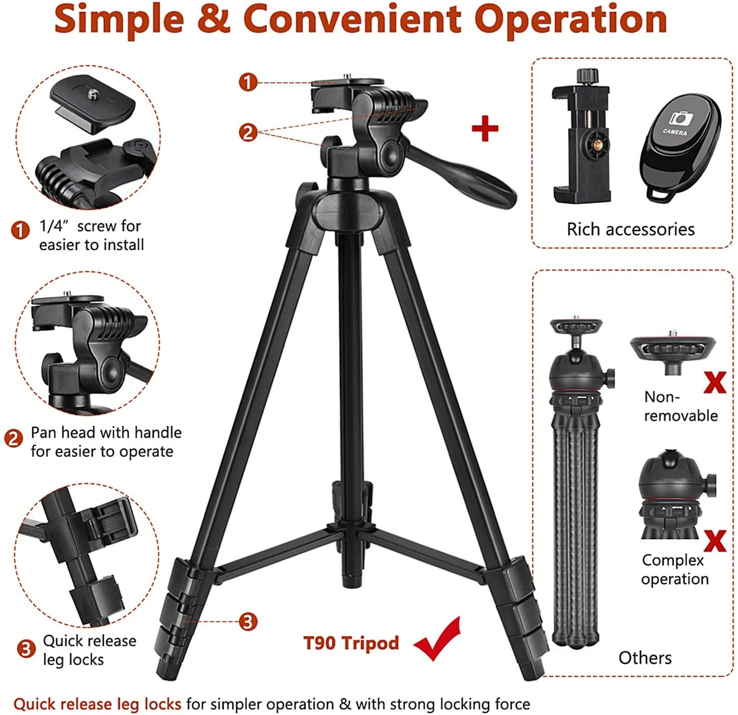Victiv 54" Phone Tripod, Lightweight Aluminum Camera Tripod, Portable Mobile Phone Tripod Stand for Smartphone iphone Samsung/DSLR Canon Nikon with Phone Holder & Control Remote