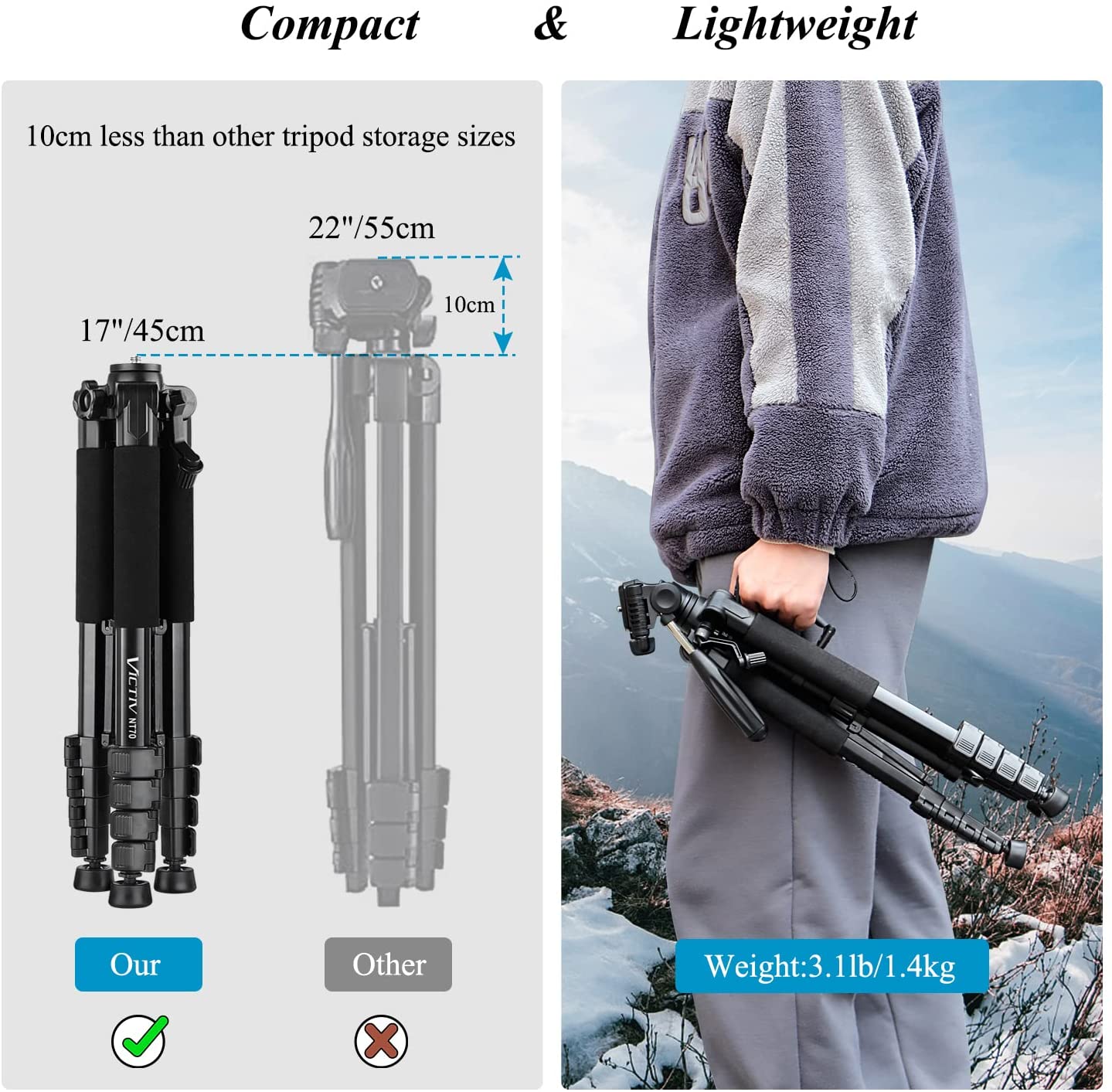 Victiv Camera Tripod 63-73" for Canon Nikon, Lightweight DSLR Camera Stand with Detachable 3-way Swivel Pan Head Max Load 14lb/6.35kg, Aluminum Tripod with Holder and Carry Bag