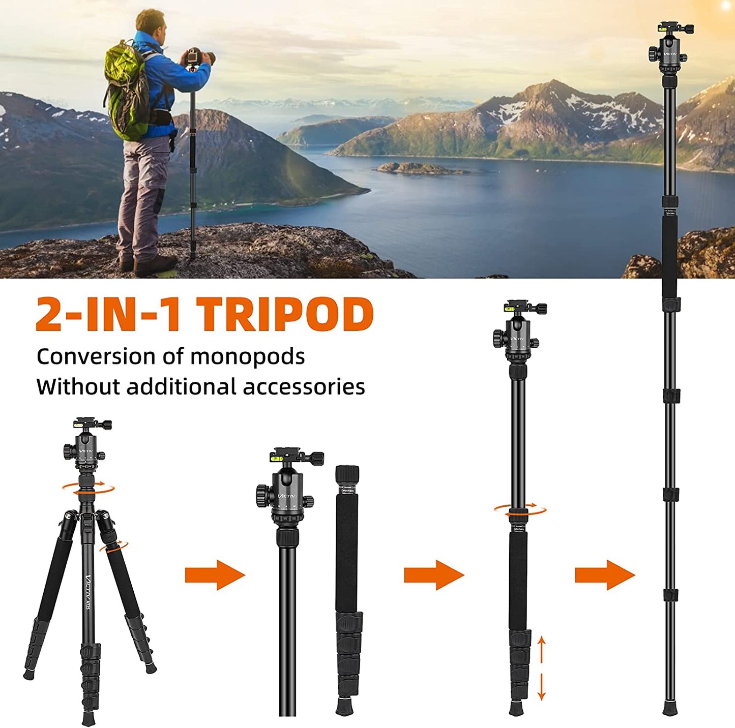 VICTIV 77" Camera Tripod, Travel Tripod for DSLR, Aluminum Professional Tripod with 360° Ball Head, Monopod for Cameras with Carry Bag, Tripod for Spotting Scopes and Binoculars, 34lbs Load-AT25 Black