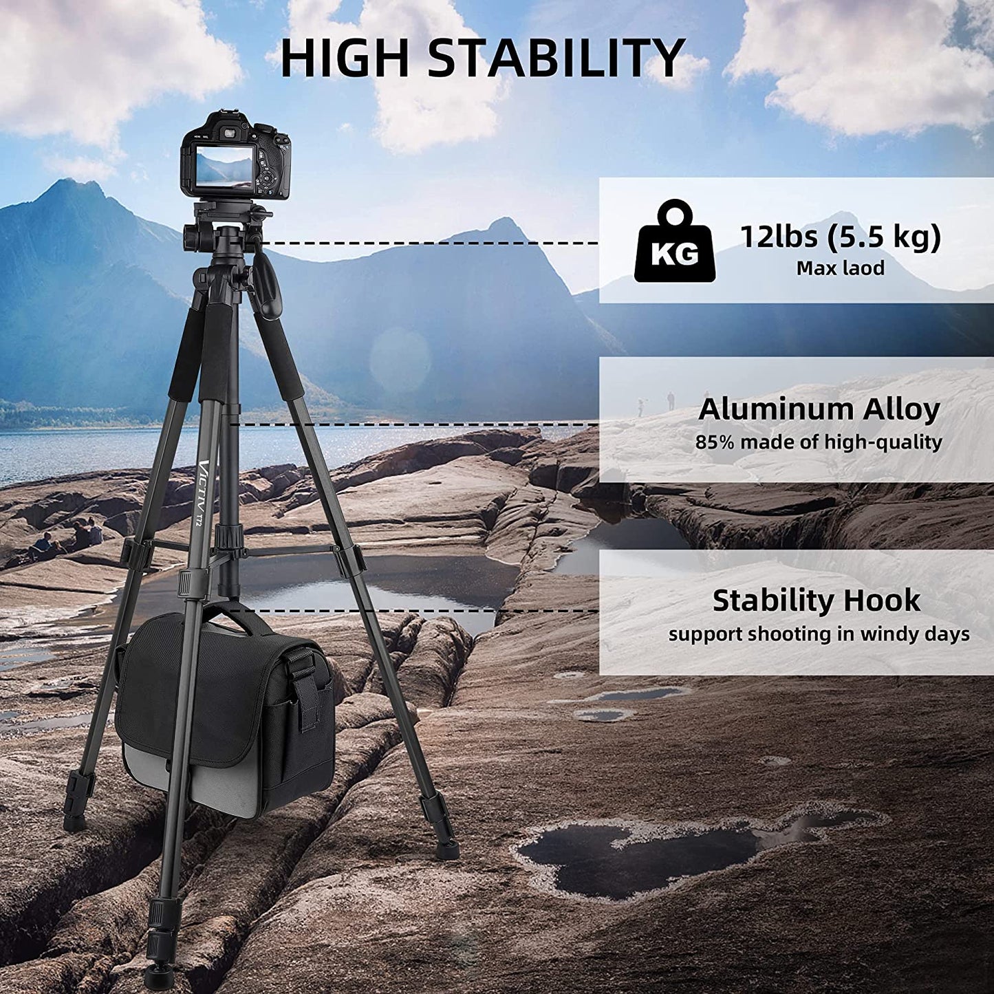 Victiv Camera & Tablet Tripod 72 inches, 2-in-1 Tripod Monopod 12 lbs Load for DSLR, Smartphone and iPAD with 2 Quick Mounts and Tablet Phone Holder for Travel and Work - Black