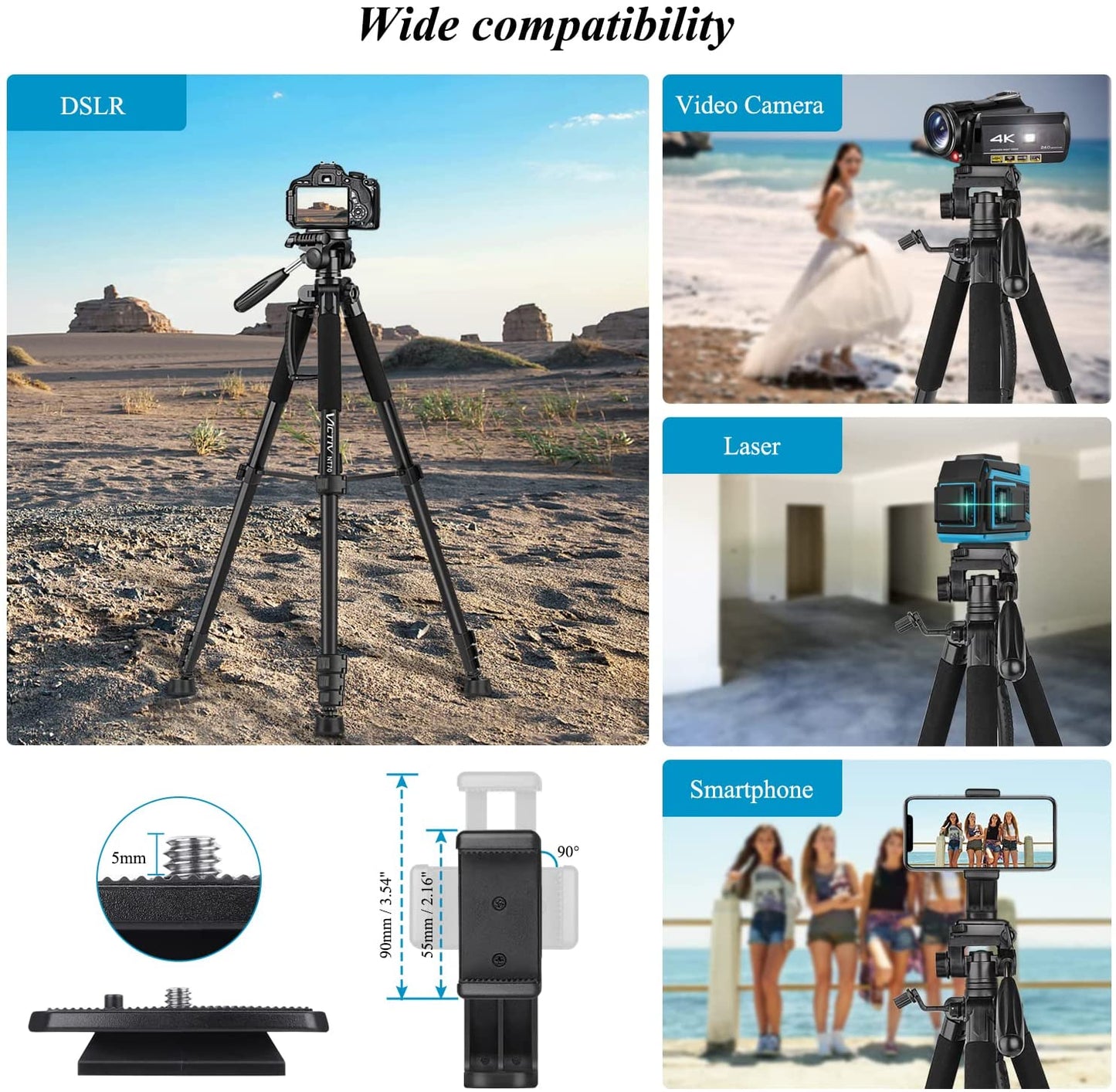 Victiv Camera Tripod 63-73" for Canon Nikon, Lightweight DSLR Camera Stand with Detachable 3-way Swivel Pan Head Max Load 14lb/6.35kg, Aluminum Tripod with Holder and Carry Bag