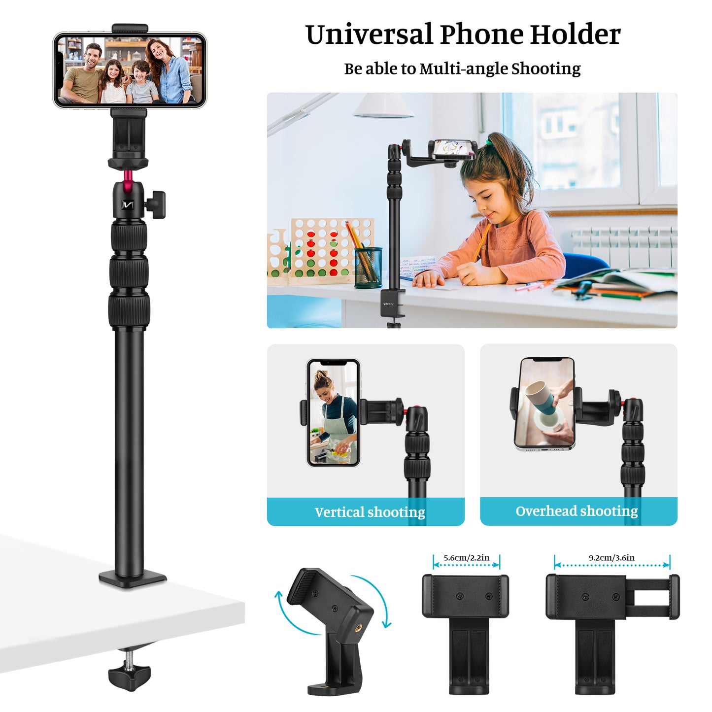 VICTIV Camera Desk Mount Table Stand with Ball Head, 15"-41" Adjustable Desktop Light Stand, Tabletop C Clamp with Phone Clamp for DSLR Camera, Ring Light, Live Streaming, Photo Video Shooting