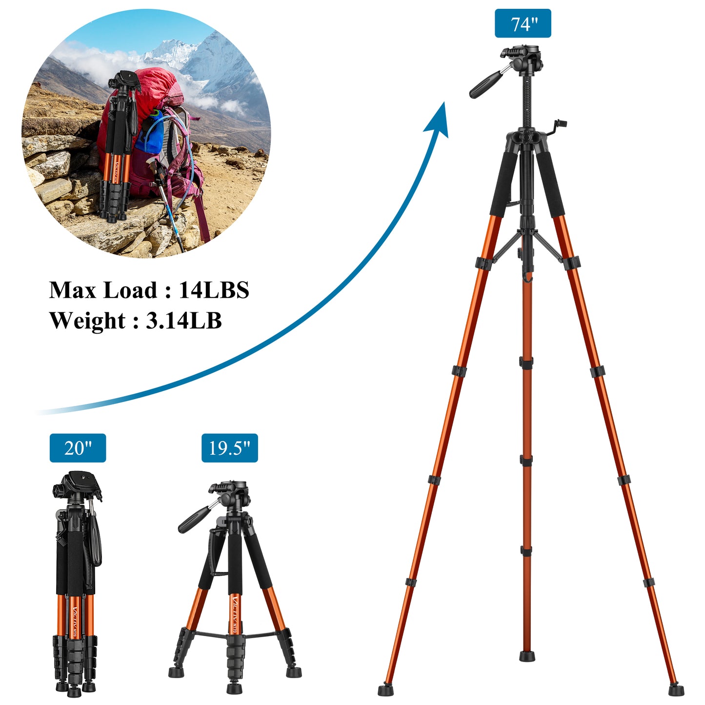VICTIV 74” Camera Tripod for Canon Nikon Sony, Lightweight Travel Tripod with Carry Bag, Aluminum Professional Camera Tripod Stand for DSLR/SLR (6.35kg/14lb Load)