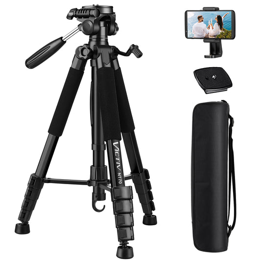 74" Camera Tripod Stand, VICTIV Phone Tripod with Handle and Phone Holder, Lightweight Aluminum Video Tripod,Compatible with Canon/Nikon/Sony Cameras, Max Load 14lbs (New NT70 Black)