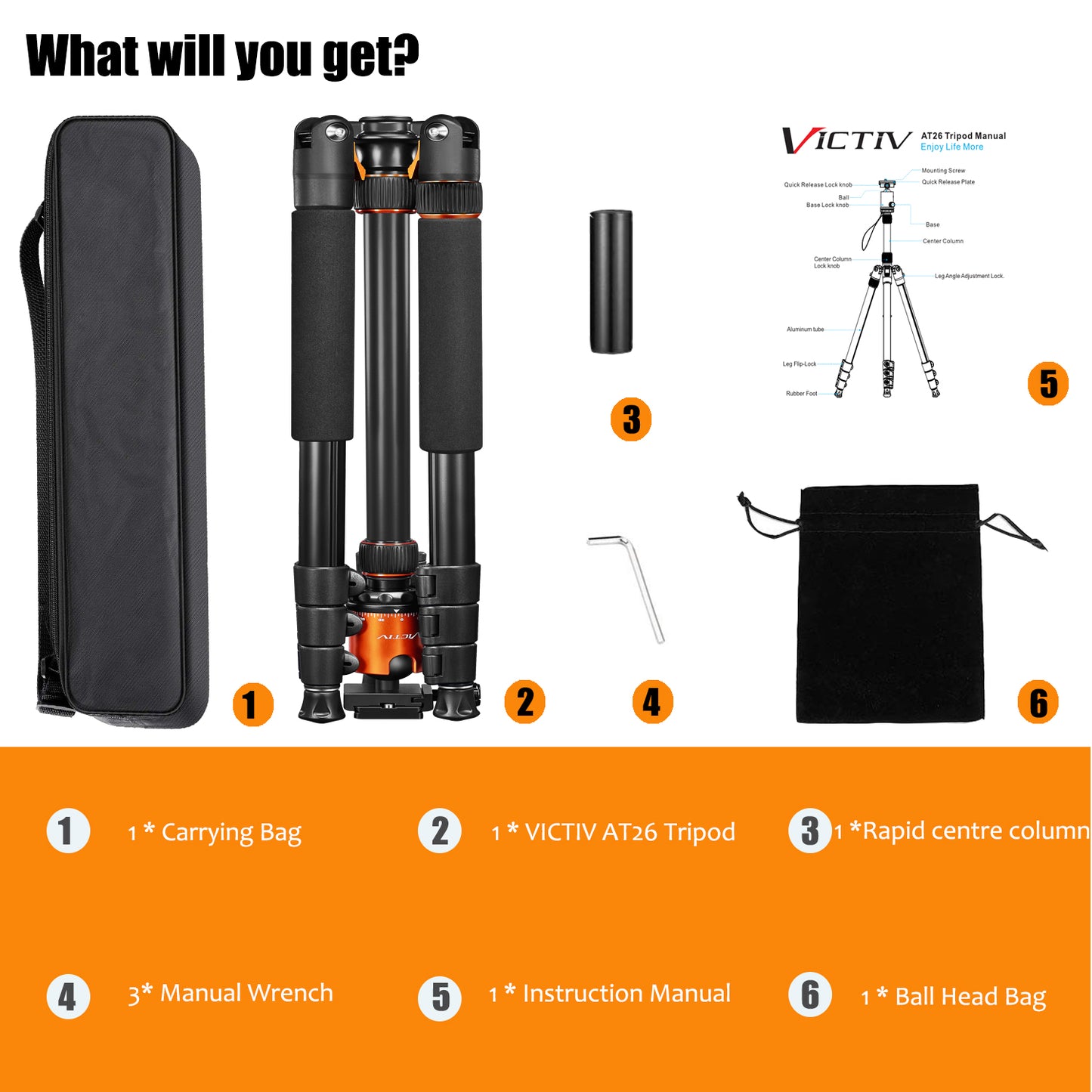 VICTIV Camera Tripod 81 inches Monopod, Aluminum Travel Tripod for DSLR- AT26 Orange