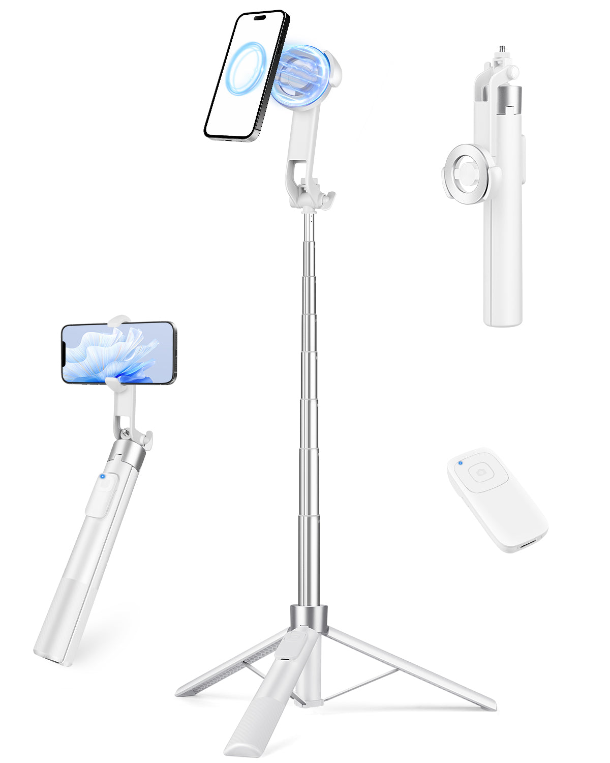 Victiv Magnetic Selfie Stick Tripod for iPhone, 70" Phone Tripod Stand for Filming with Rechargeable Remote, Mag-safe Selfie Stick for Video Recording, Vlogging & Content Creation-White(EU)
