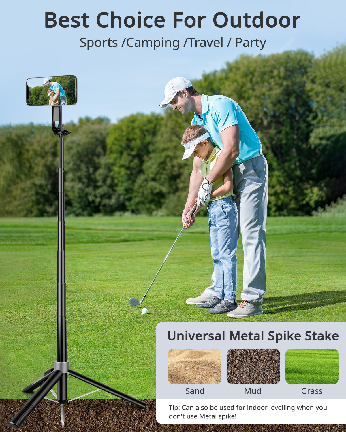 Victiv 70" Magnetic Golf Tripod for iPhone, Selfie Stick Phone Tripod All-in-One with Metal Stake, Portable Travel Tripods Stand for Selfies/Video Recording/Live, Compatible with iPhone & Android(EU)