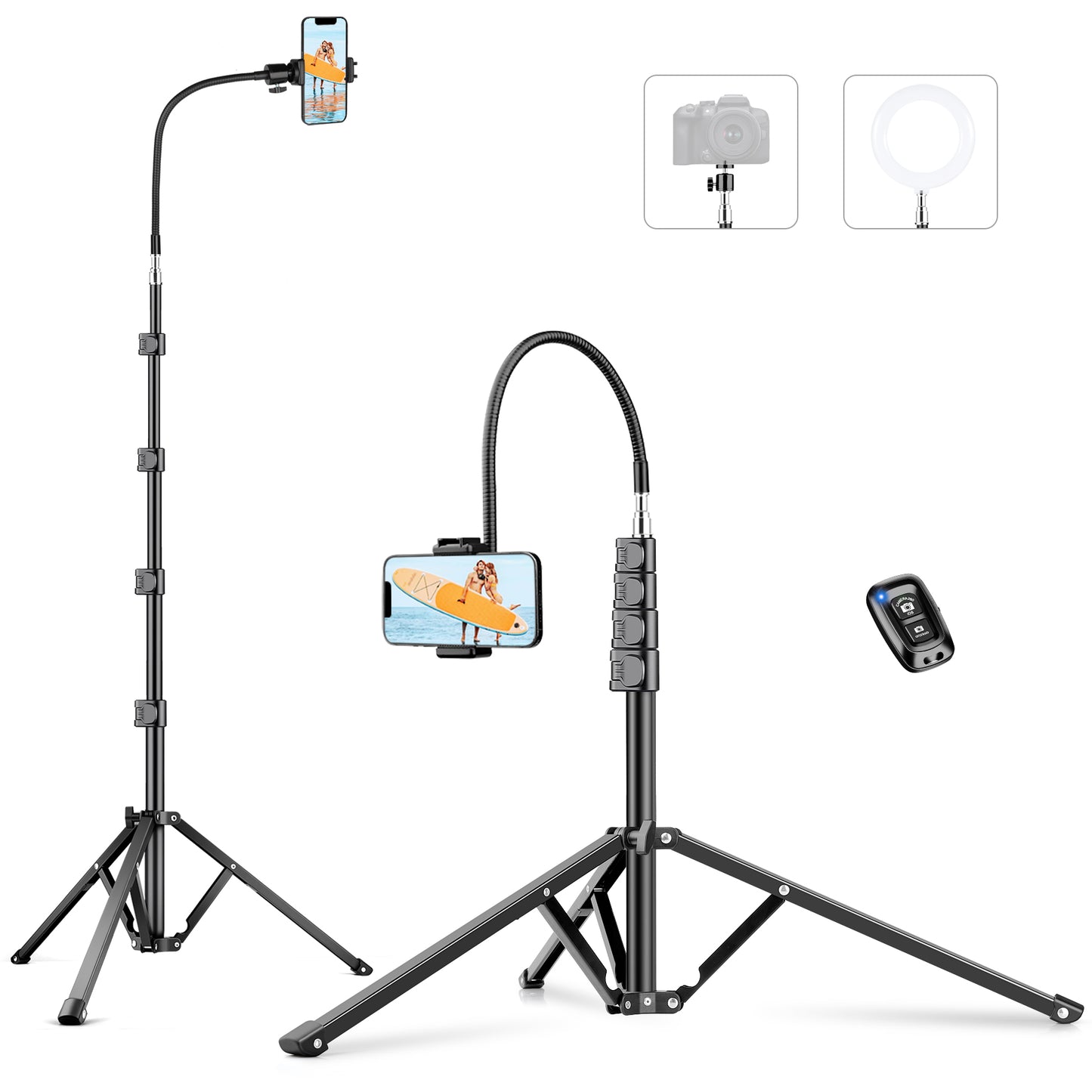Victiv 88" Tall Tripod for iPhone, Phone Tripods with Gooseneck & Remote and Mobile Phone Stand, Flexible Overhead Tripod iPhone Stand for Filming, Aluminum Tripods for Smartphone/Camera/Ring Light(EU)
