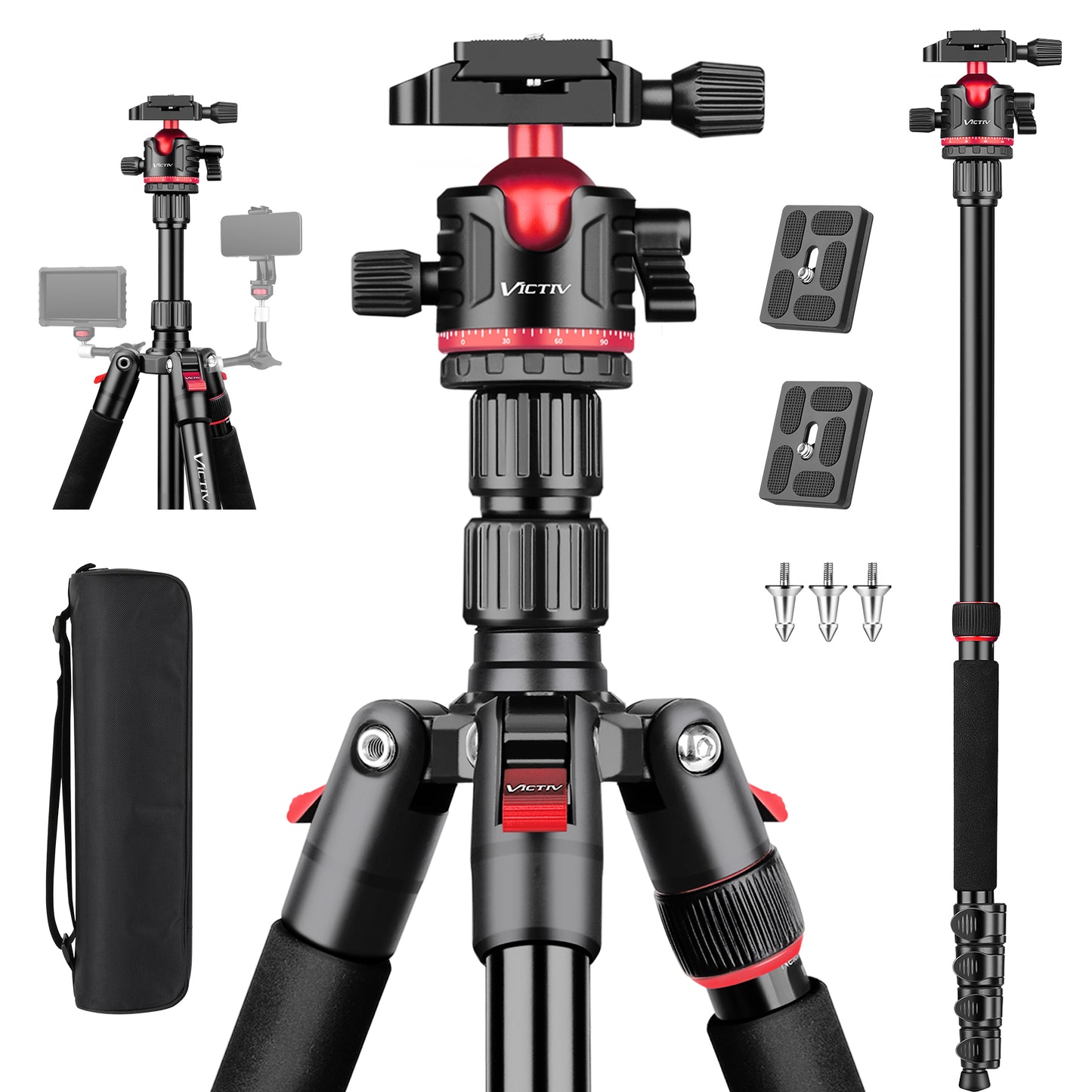 78" Porfessional Tripod for Camera, Victiv Aluminum Camera Tripod Monopod for DSLR, Spotting Scope,Telescope, Binoculars, Compact Heavy Duty Camera Stand for Photography Video Recording Travel(RED US)