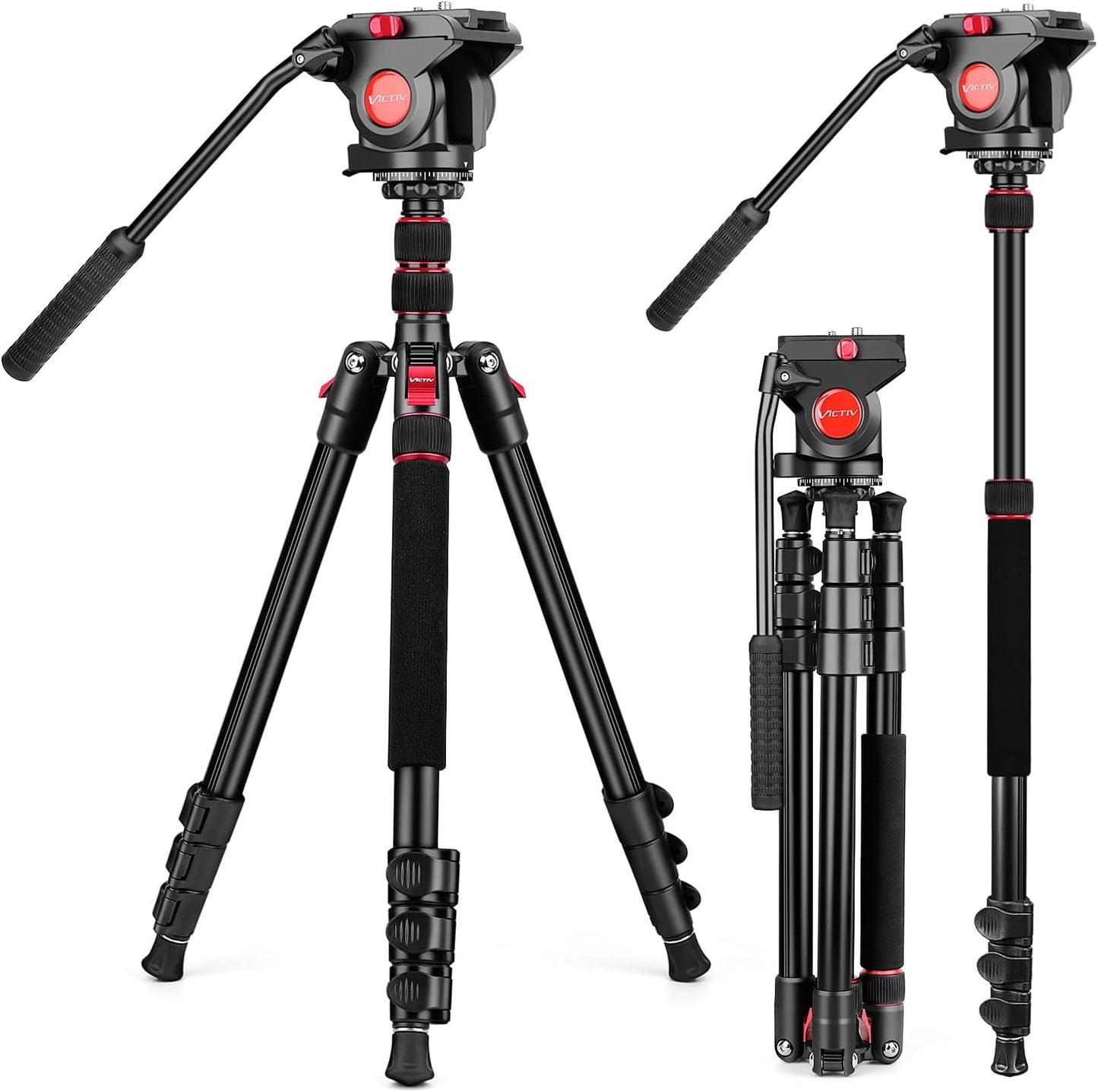 Fluid Head Tripod, Heavy Duty Tripod with Carry Bag, Professional Aluminium Tripod and Monopod for Video Camera Canon Nikon DSLR Camcorder (VT-H7)