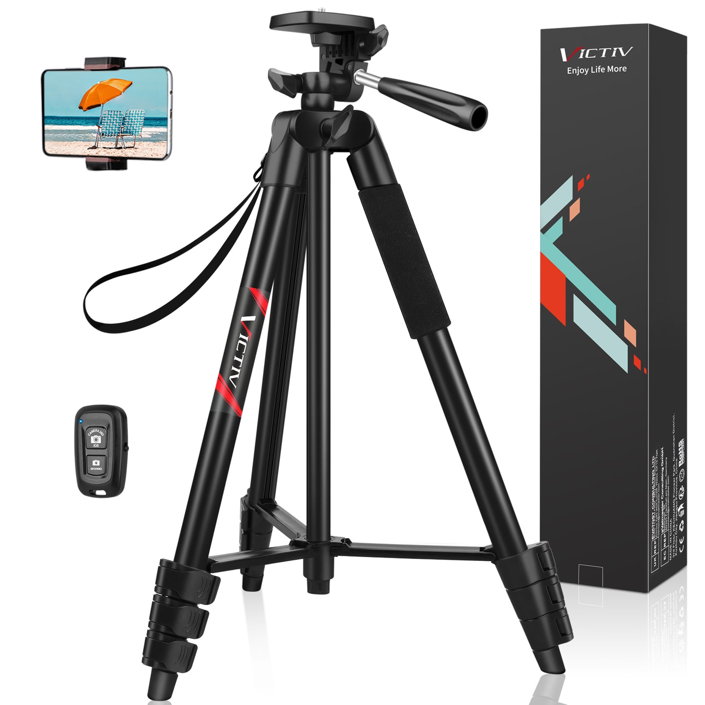 Victiv Phone Tripod, 54" Smartphone Tripod for iPhone, Aluminum Lightweight Portable Camera Tripod Stand for DSLR/Action Camera/Samsung with Phone Holder & Control Remote Shutter