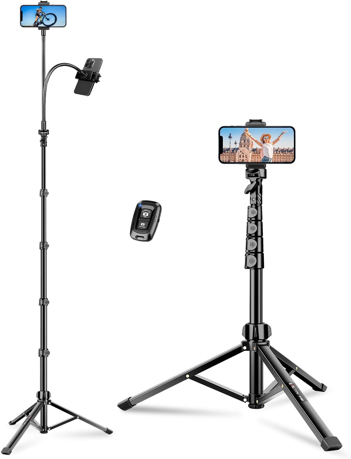 Phone Tripod, 86" Tall Tripod Stand with Gooseneck and Remote, Suitable for Recording Fitness Vlog Watching Cooking, Compatible with Smartphone, Camera(US)