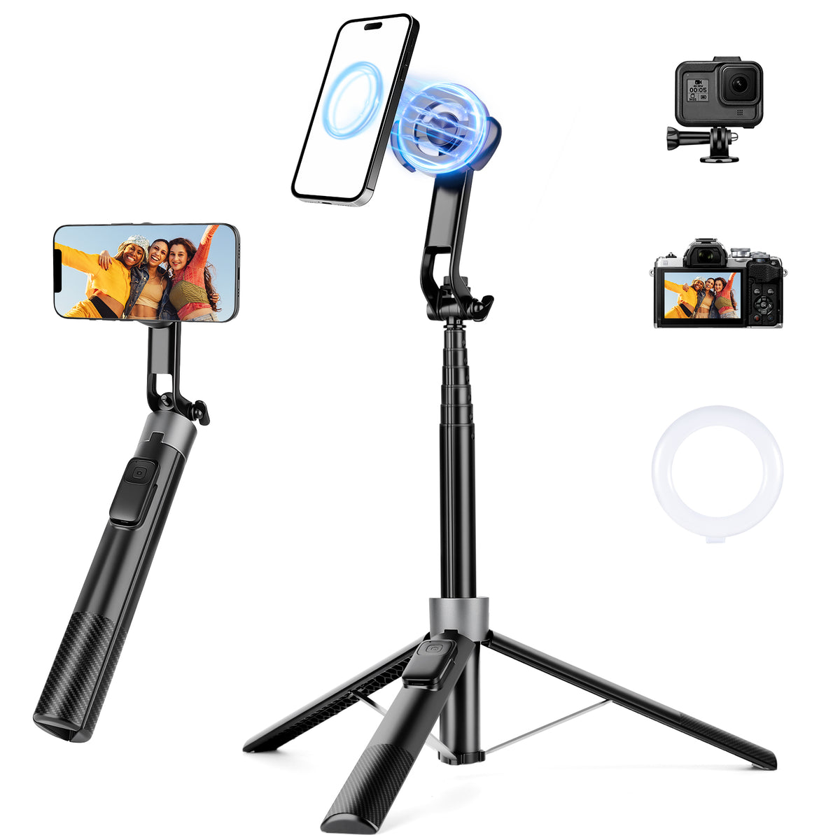 Magnetic Phone Tripod, 70" Selfie Stick Tripod for iPhone Magsafe with Rechargeable Remote & 2 in 1 Magnetic Holder, Portable Cellphone Stand for Recording Travel, Compatible with iPhone and Android-P67