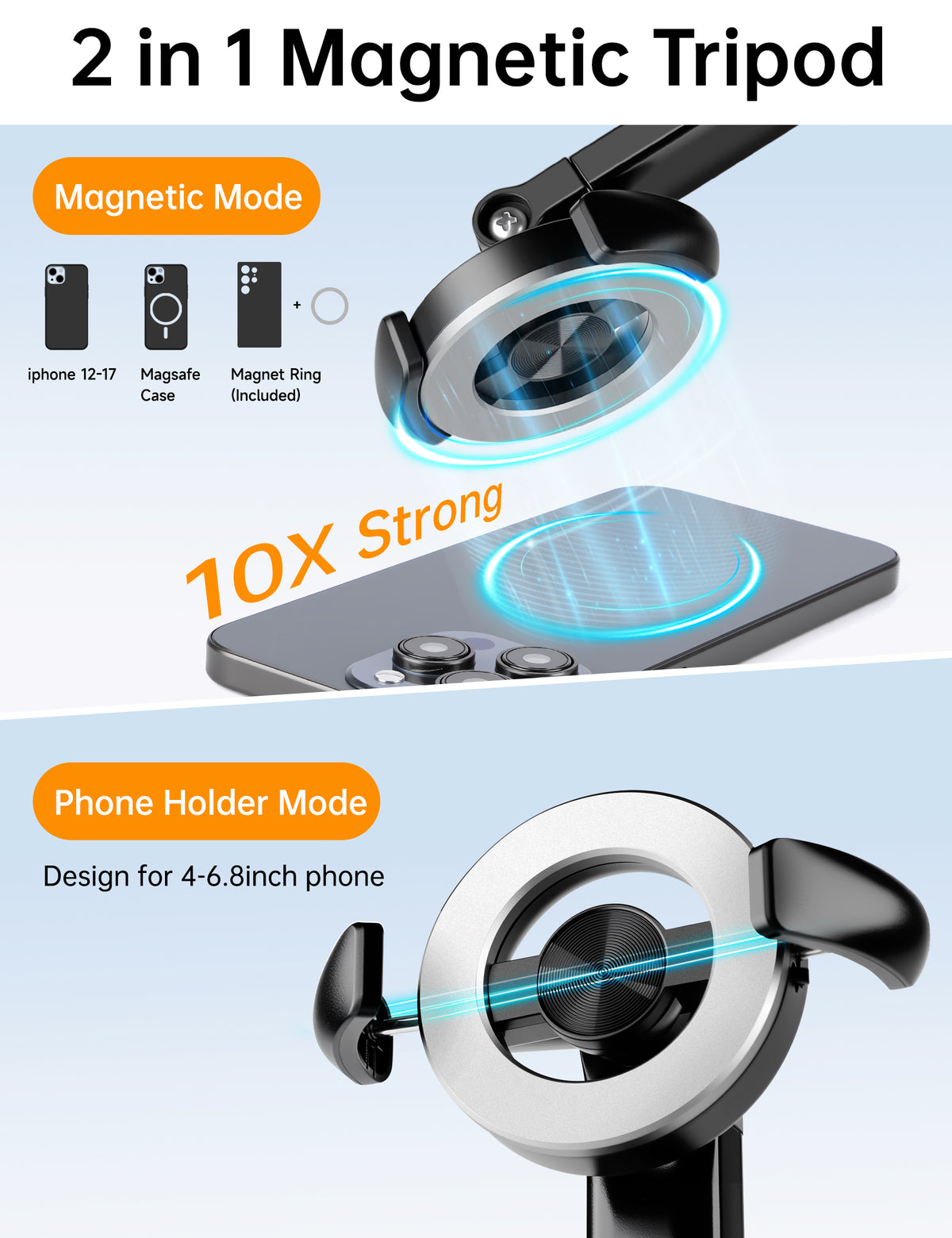 Magnetic Phone Tripod, 70" Selfie Stick Tripod for iPhone Magsafe with Rechargeable Remote & 2 in 1 Magnetic Holder, Portable Cellphone Stand for Recording Travel, Compatible with iPhone and Android-P67