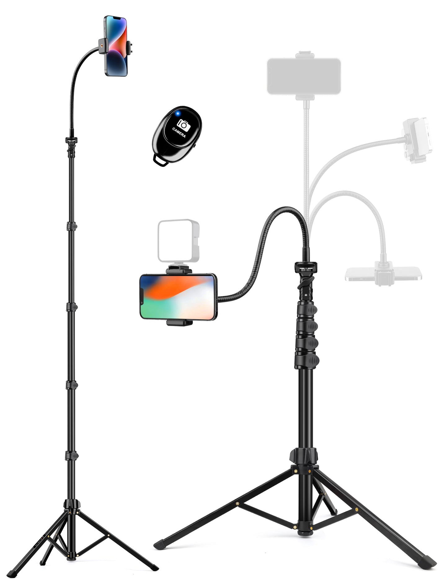 Phone Tripod Stand, 84" Tall Flexible Cellphone Tripod for iPhone with Gooseneck Remote, Portable Phone Stand for Recording, Compatible with iPhone 14 13 12 pro Android Camera