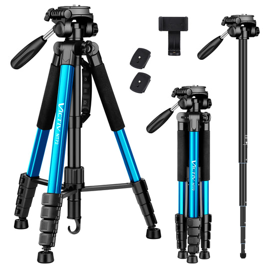 Victiv 72-inch Camera Tripod Aluminum T72 Max Height 182cm- Lightweight Tripod & Monopod Compact for Travel with 3-way Swivel Head and 2 Quick Release Plates for DSLR Video Shooting - Blue