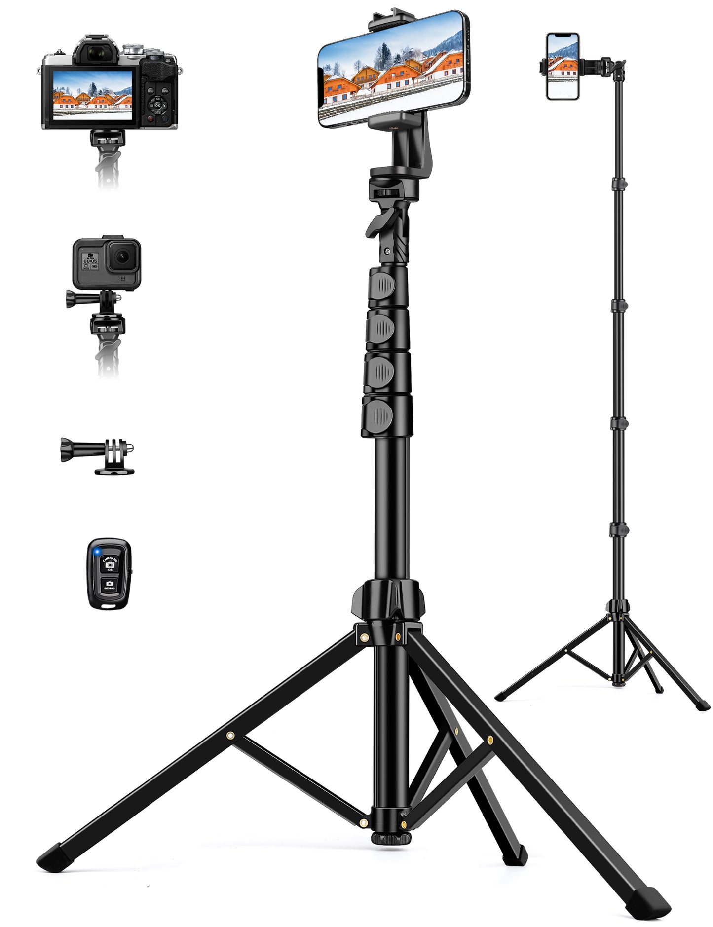 Phone Tripod, 71" Portable Cellphone Tripod Stand with Remote & Phone Holder, Camera Stand for iPhone, Compatible with Camera iPhone/Android Smartphone/Gopro(US))