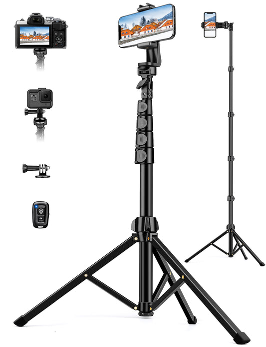 Phone Tripod, 71" Portable Cellphone Tripod Stand with Remote & Phone Holder, Camera Stand for iPhone, Compatible with Camera iPhone/Android Smartphone/Gopro(US))